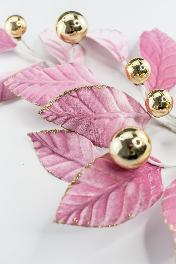 Pink and Gold Velvet Magnolia Leaves Ball Spray - GM Exclusive - Greenery MarketGM2137PKGD