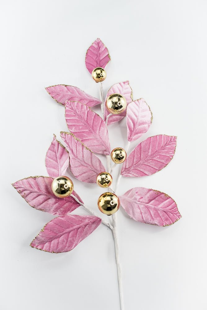 Pink and Gold Velvet Magnolia Leaves Ball Spray - GM Exclusive - Greenery MarketGM2137PKGD