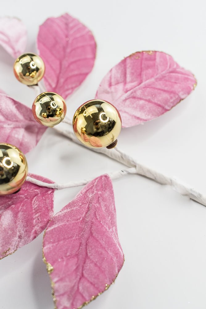 Pink and Gold Velvet Magnolia Leaves Ball Spray - GM Exclusive - Greenery MarketGM2137PKGD