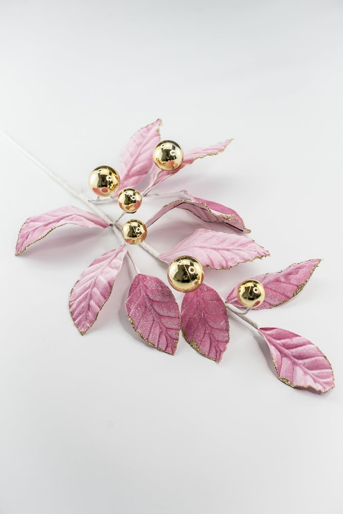 Pink and Gold Velvet Magnolia Leaves Ball Spray - GM Exclusive - Greenery MarketGM2137PKGD