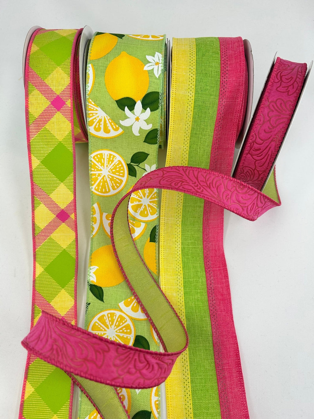 Pink And Green Lemon Bow Bundle x 4 ribbons - Greenery MarketWired ribbonPinkLemonX4