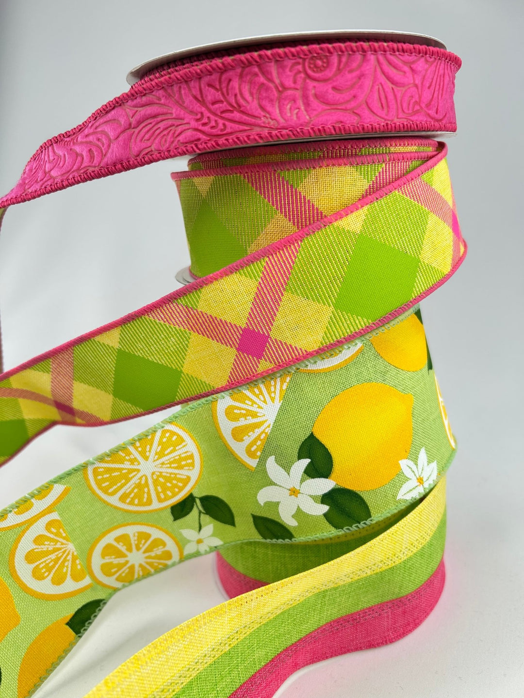 Pink And Green Lemon Bow Bundle x 4 ribbons - Greenery MarketWired ribbonPinkLemonX4