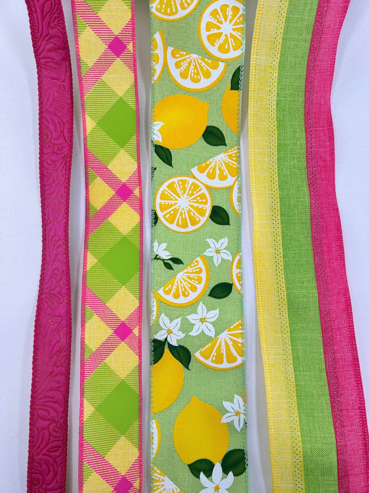 Pink And Green Lemon Bow Bundle x 4 ribbons - Greenery MarketWired ribbonPinkLemonX4