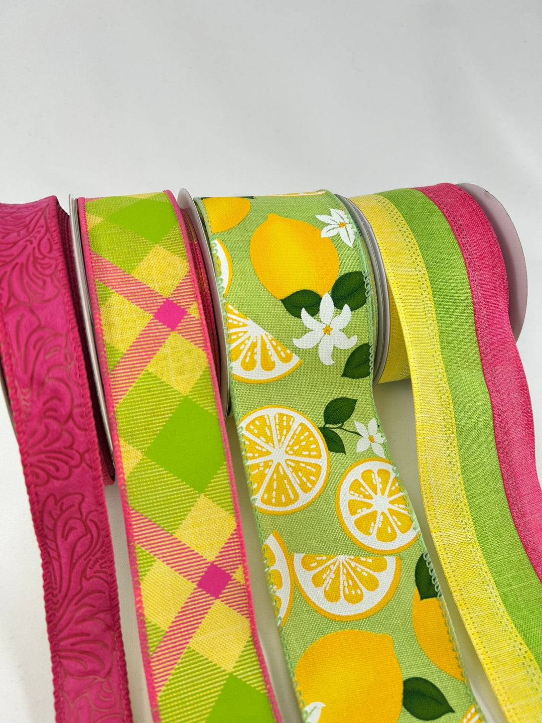Pink And Green Lemon Bow Bundle x 4 ribbons - Greenery MarketWired ribbonPinkLemonX4