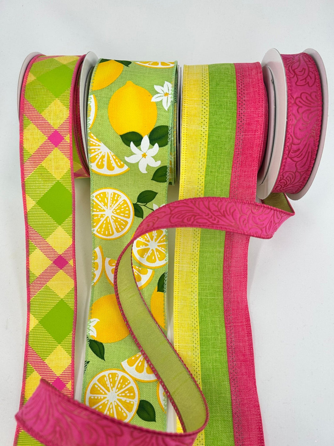 Pink And Green Lemon Bow Bundle x 4 ribbons - Greenery MarketWired ribbonPinkLemonX4