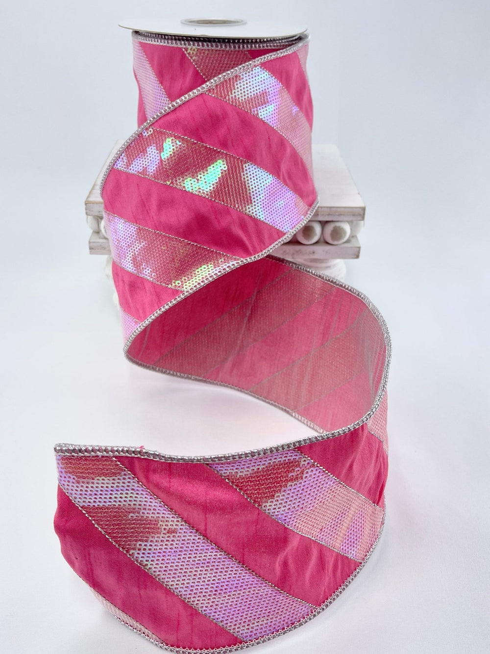 Pink and iridescent sequin stripe ribbon - 4” - Greenery MarketWired ribbonMTX72702 DKPK