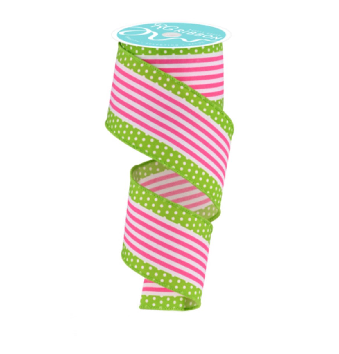 Pink and lime green stripe dot 2.5” wired ribbon - Greenery MarketWired ribbonRGF1301AW