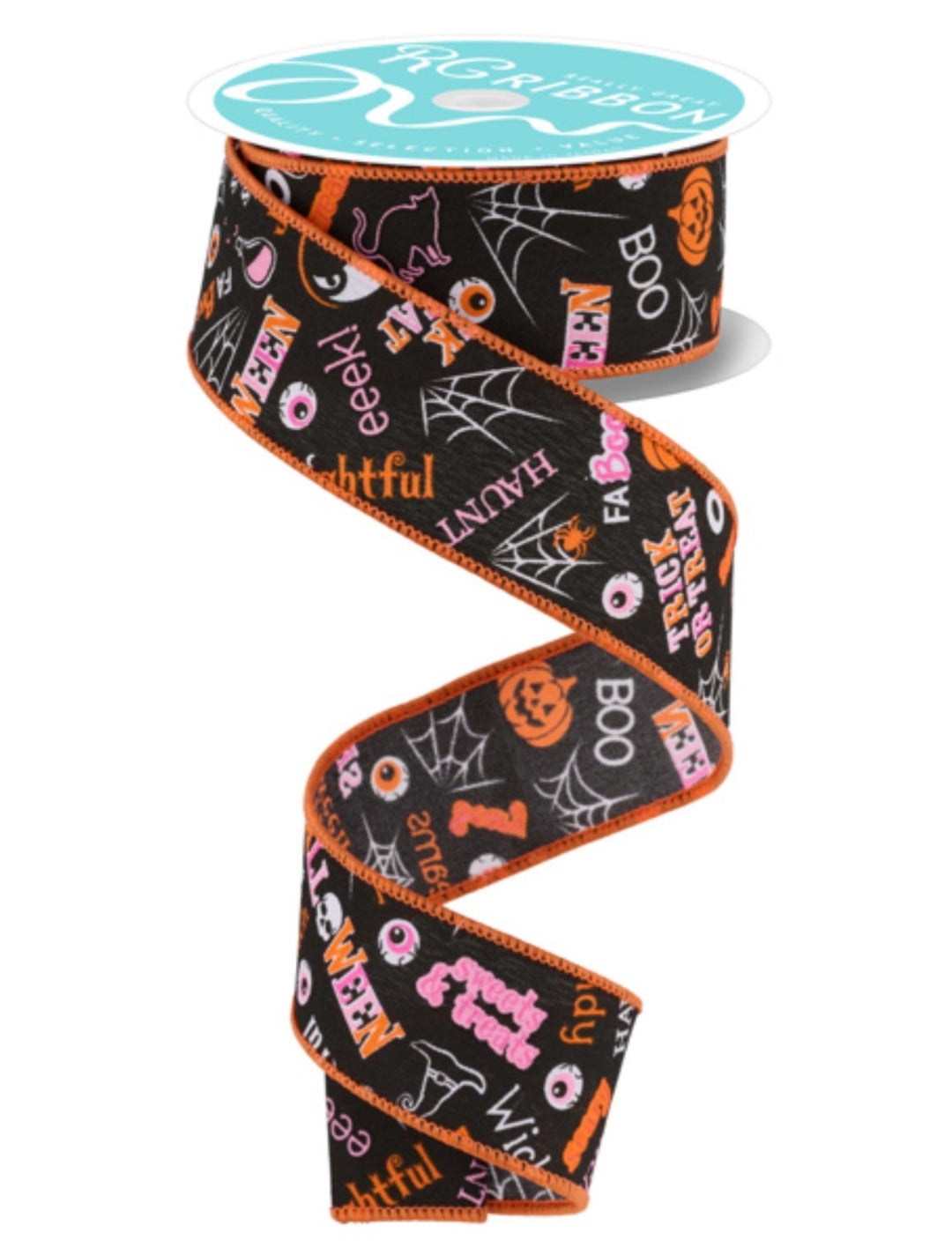 Pink and orange halloween words ribbon 1.5” - Greenery MarketWired ribbonRGF1304J6