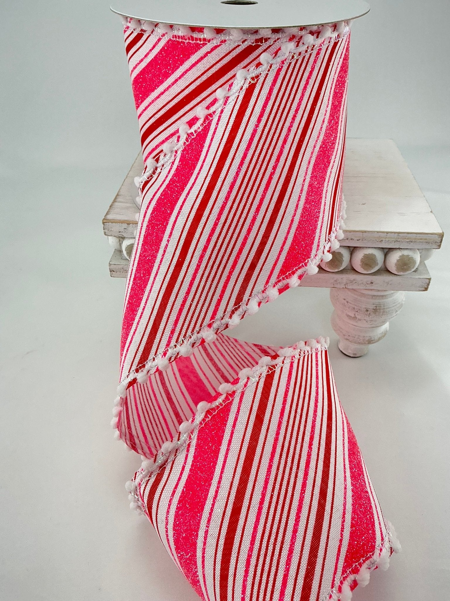 Pink and red stripe ribbon with pompom edge - 4” - Greenery Market