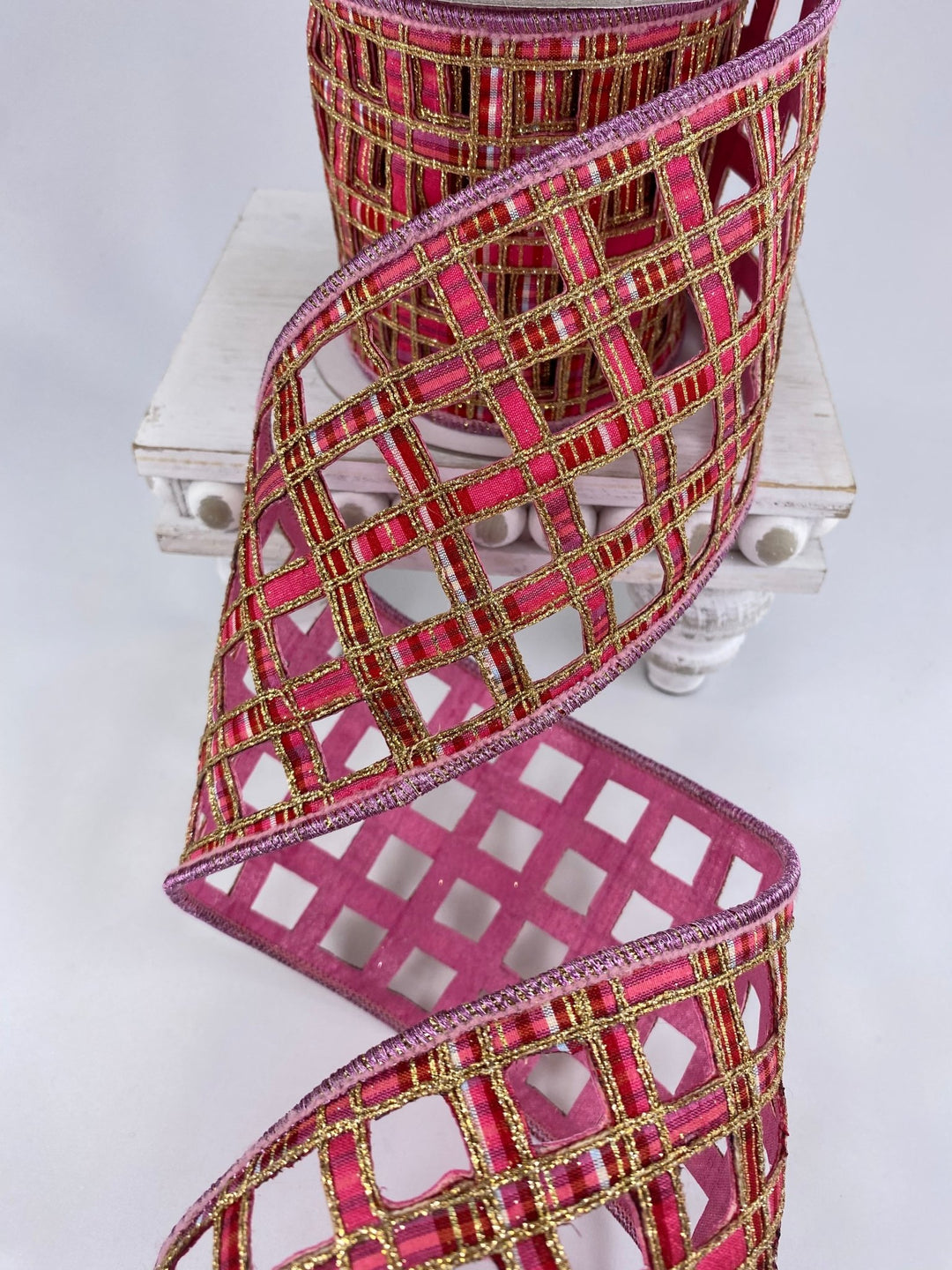 Pink And Red Window Plaid Farrisilk Wired Ribbon - 4" - Greenery MarketRK828 - 14