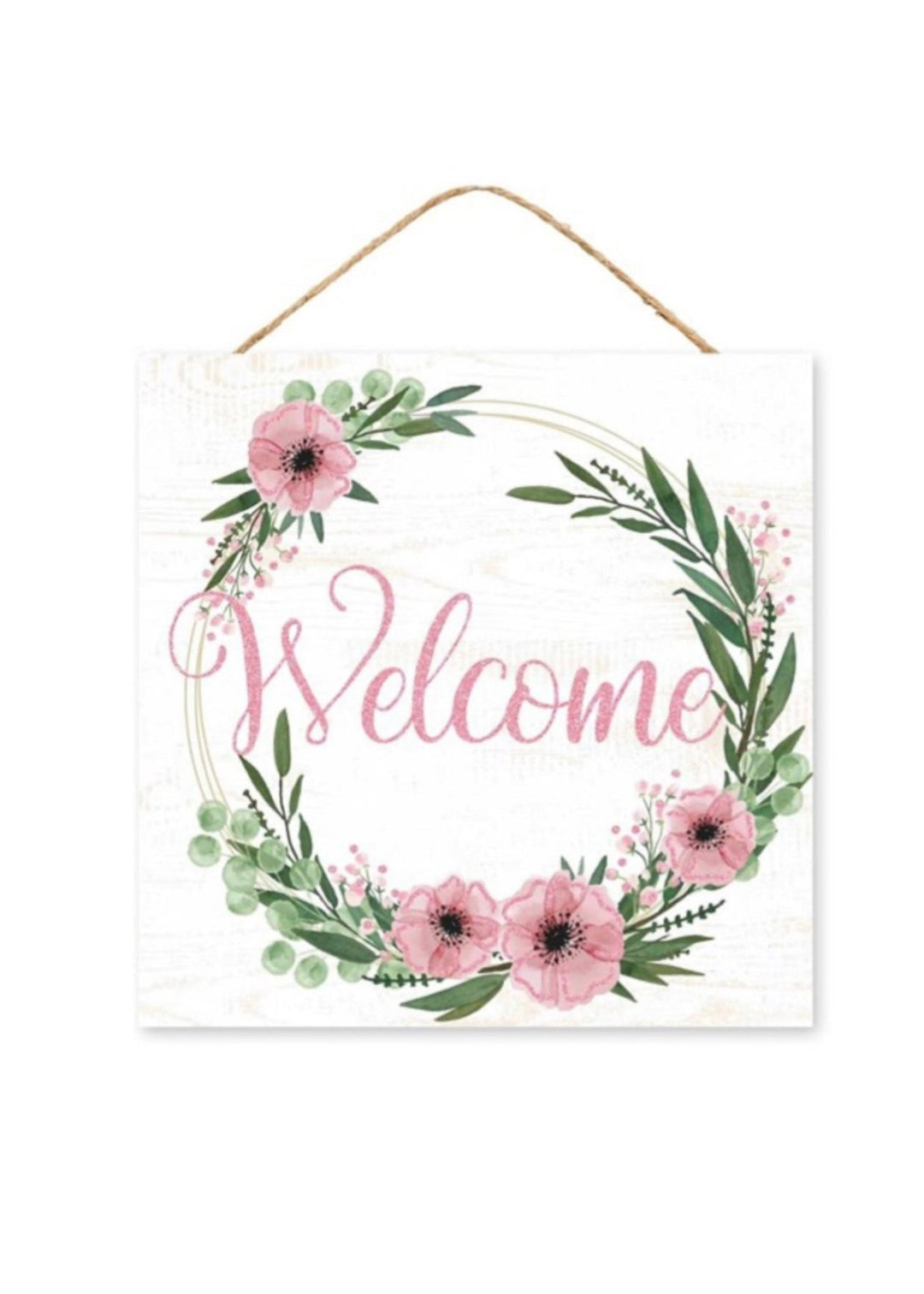 Pink and white welcome flower 10” square - Greenery Marketsigns for wreathsAP889215