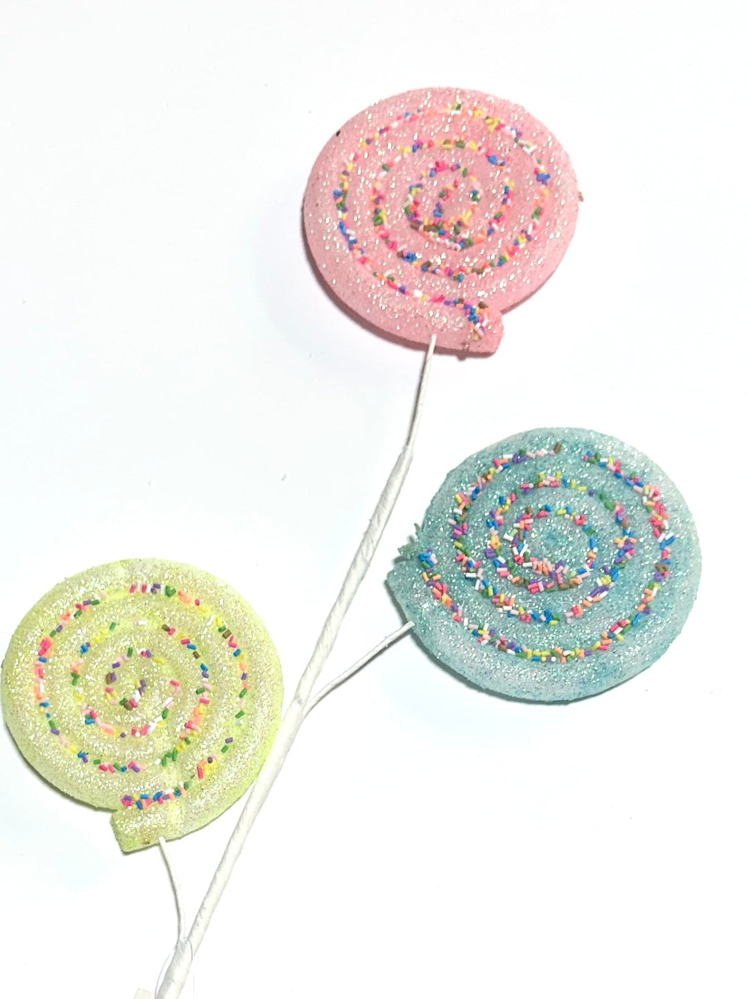 Pink, blue, and yellow lollipops spray with sprinkles - Greenery MarketOrnamentsBM2930PKGRBL