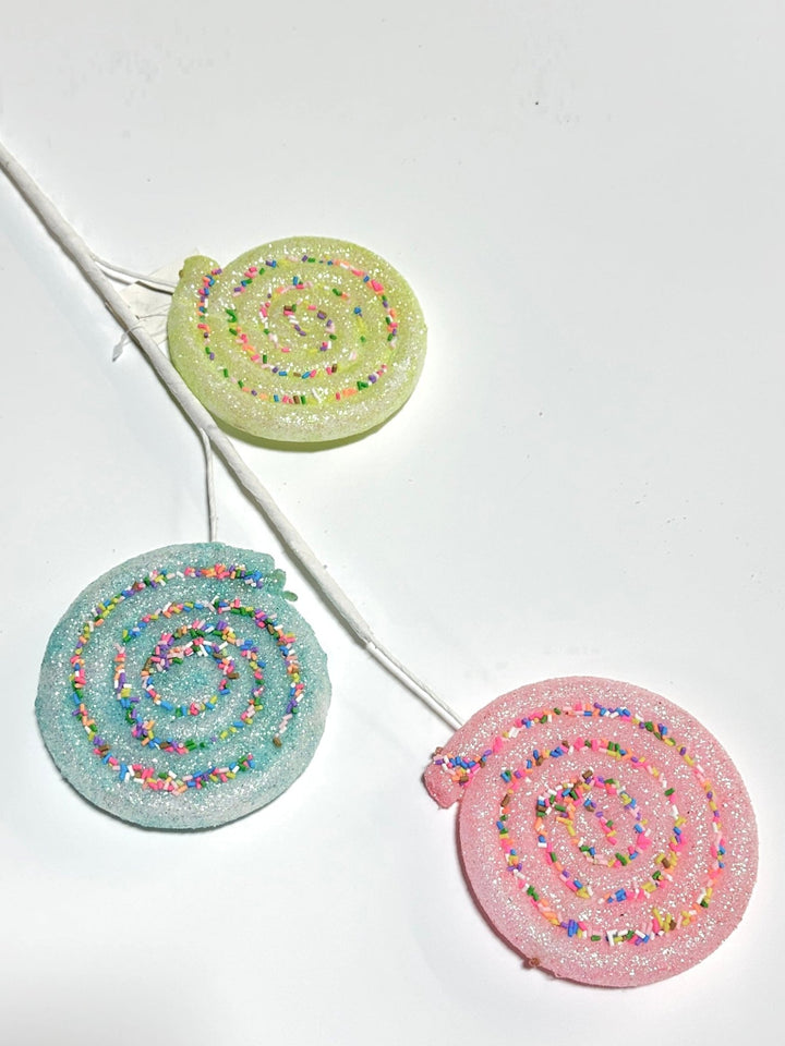 Pink, blue, and yellow lollipops spray with sprinkles - Greenery MarketOrnamentsBM2930PKGRBL