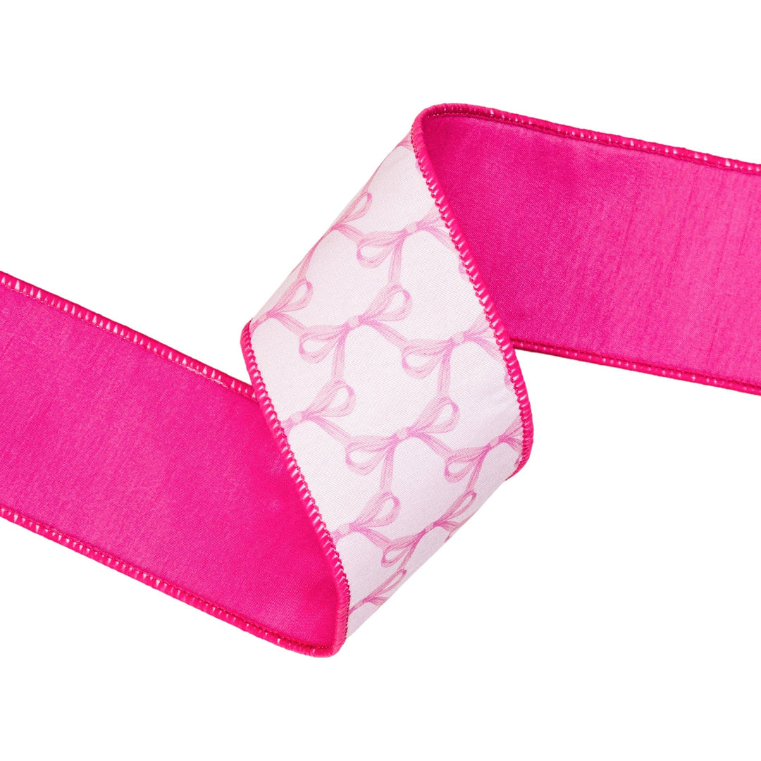 Pink Bows On White with Pink Backing Wired Dupioni Ribbon - 2.5" - Greenery MarketWired Ribbon9362W-156-63E