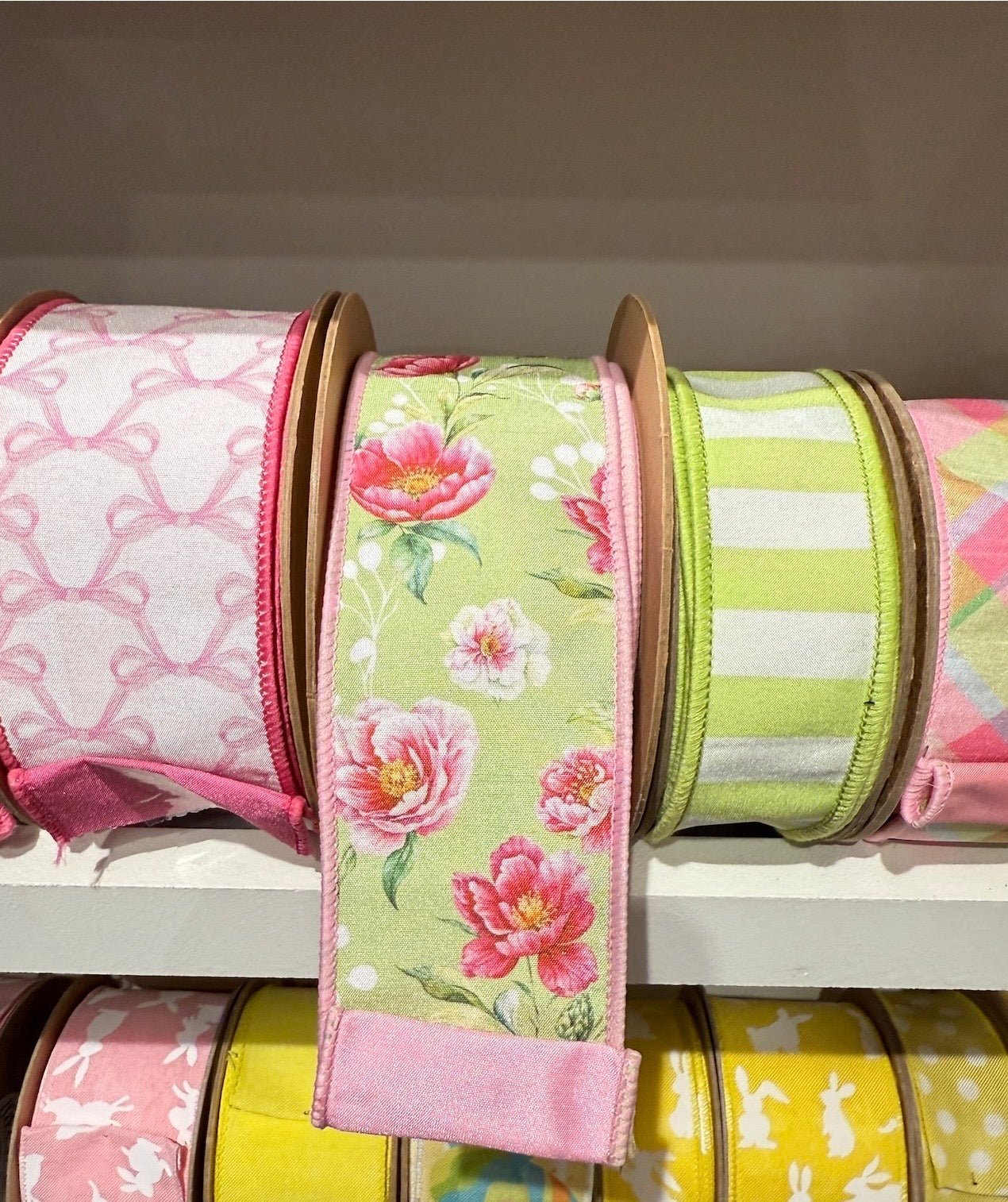 Rose Blooms On Green with Pink Backing Wired Dupioni Ribbon - 2.5