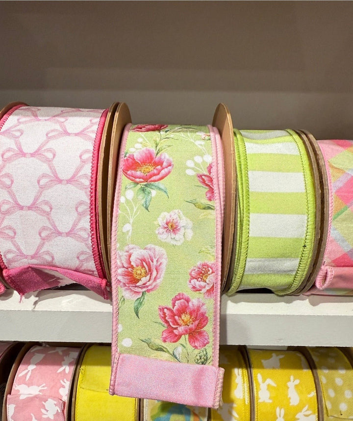 Pink Bows On White with Pink Backing Wired Dupioni Ribbon - 2.5" - Greenery MarketWired Ribbon9362W-156-63E