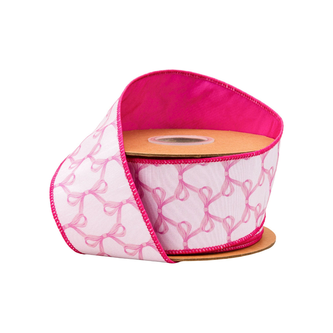 Pink Bows On White with Pink Backing Wired Dupioni Ribbon - 2.5" - Greenery MarketWired Ribbon9362W-156-63E