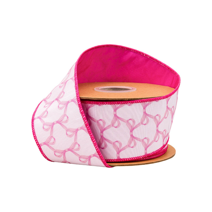Pink Bows On White with Pink Backing Wired Dupioni Ribbon - 2.5" - Greenery MarketWired Ribbon9362W-156-63E