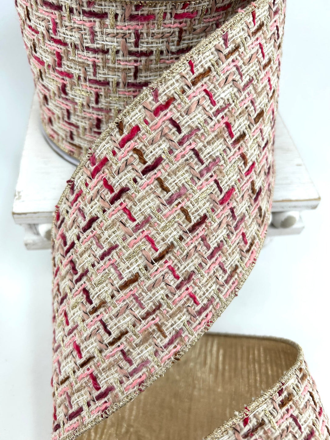Pink & Burgundy Tweed Wired Ribbon - 4" - Greenery MarketRibbon212163