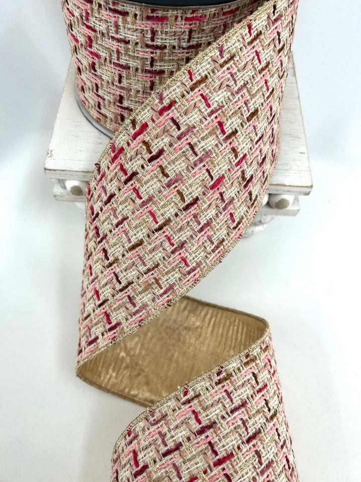 Pink & Burgundy Tweed Wired Ribbon - 4" - Greenery MarketRibbon212163