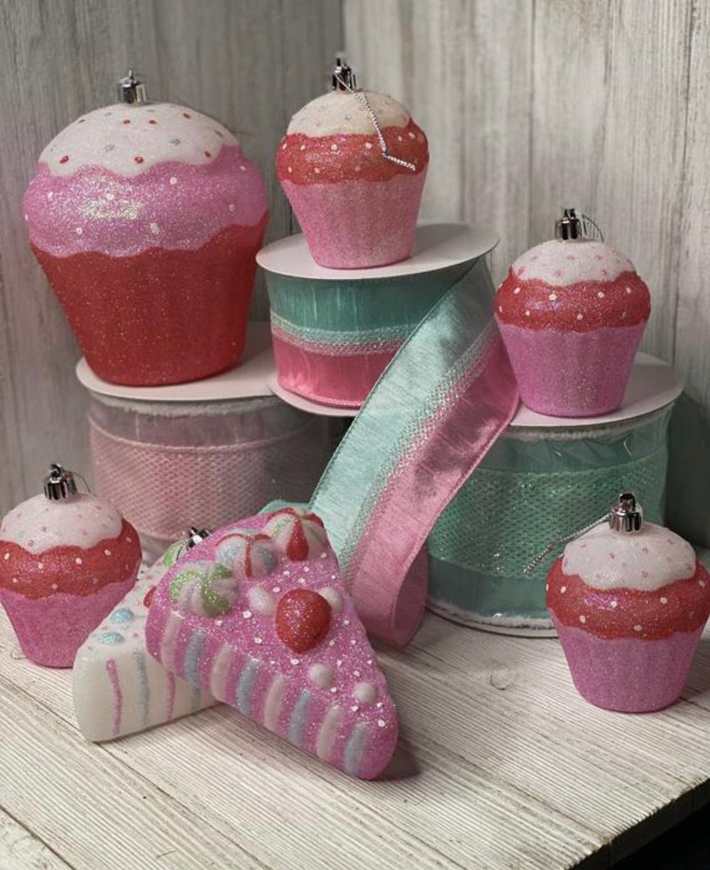 Pink cupcake ornaments, sweets ornaments, box of 6 - Greenery Marketwreath enhancementsMTX61261