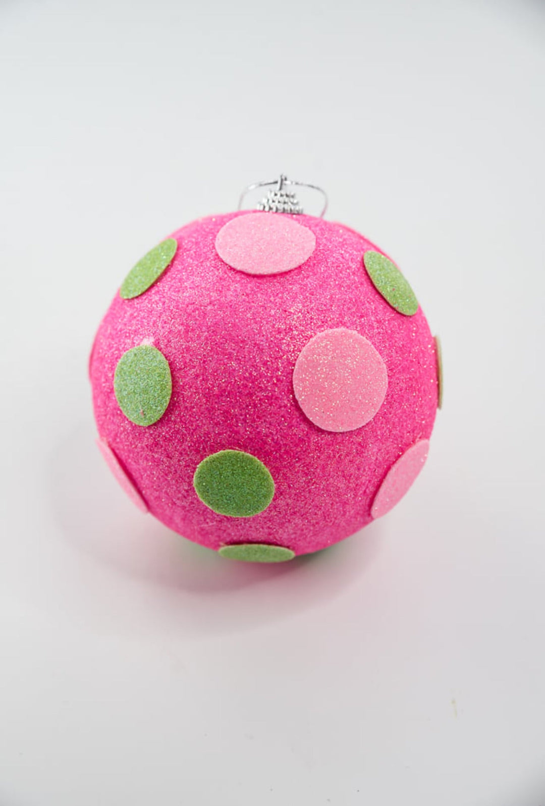 Pink glittered balls with lime green and pink dots ball ornaments - Greenery MarketOrnamentsGM2115PKGN