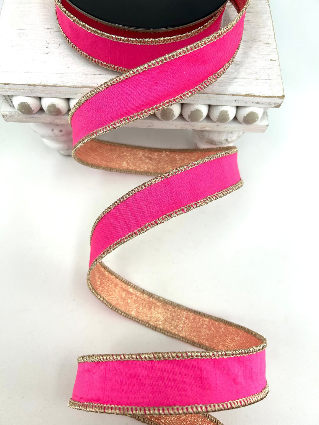 Pink & Gold Dupioni Wired Ribbon - 1" - Greenery MarketRibbon208174