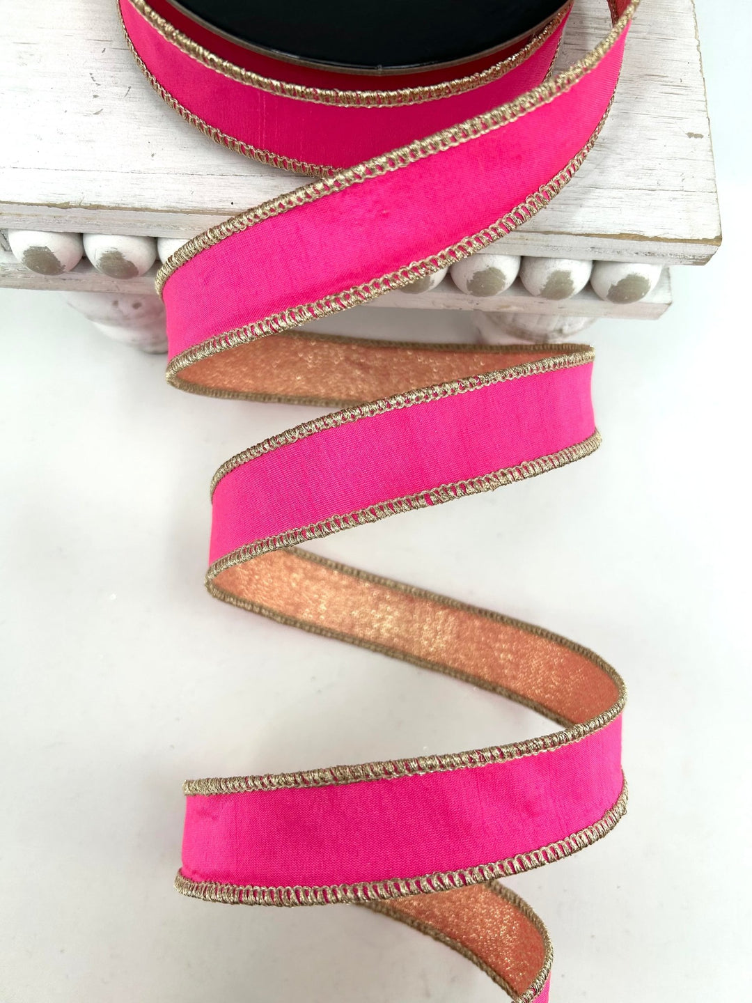 Pink & Gold Dupioni Wired Ribbon - 1" - Greenery MarketRibbon208174