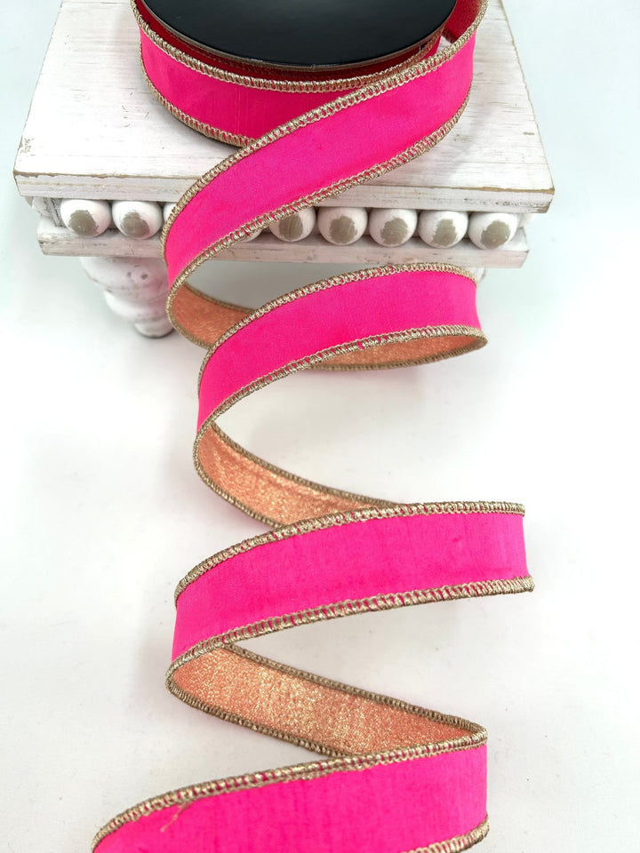Pink & Gold Dupioni Wired Ribbon - 1" - Greenery MarketRibbon208174