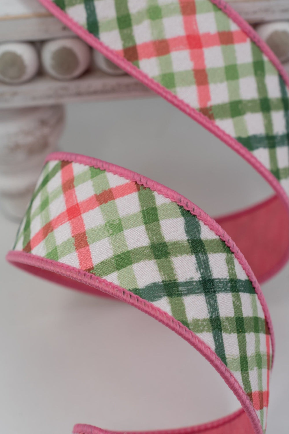 Pink, Green, & White Watercolor Diagional Check Dupion Wired Ribbon - 1.5" - Greenery MarketWired ribbon05-1576