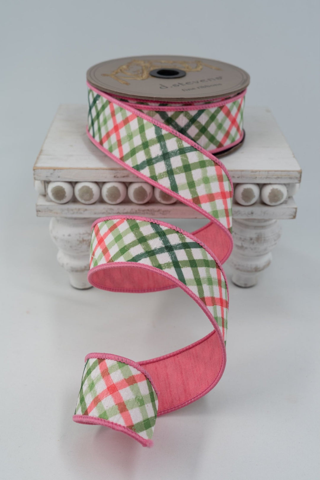Pink, Green, & White Watercolor Diagional Check Dupion Wired Ribbon - 1.5" - Greenery MarketWired ribbon05-1576