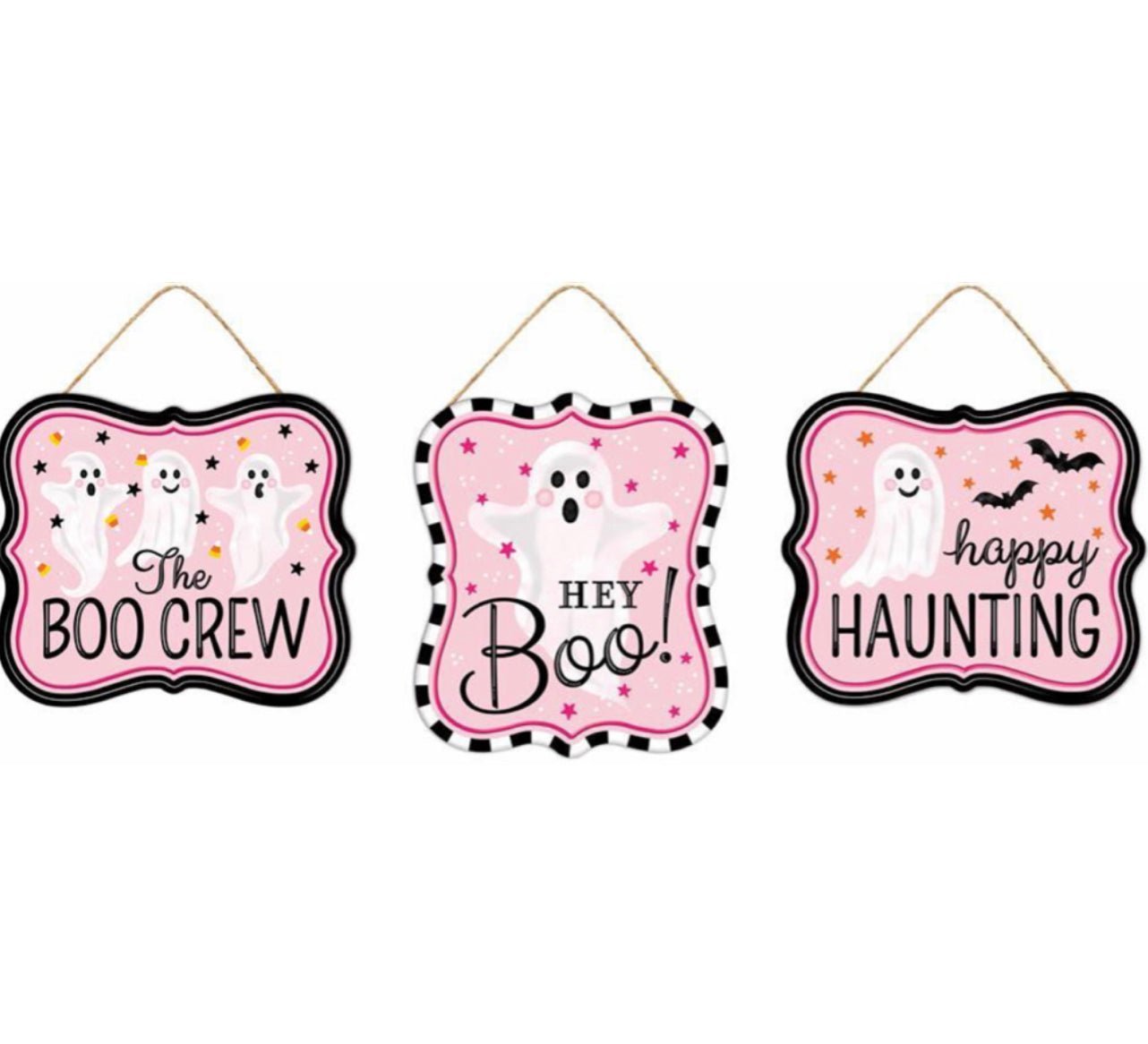 Pink Halloween ghosts metal signs assortment x 3 signs for swag wreaths - Greenery MarketNovelty SignsMD120822 x 3