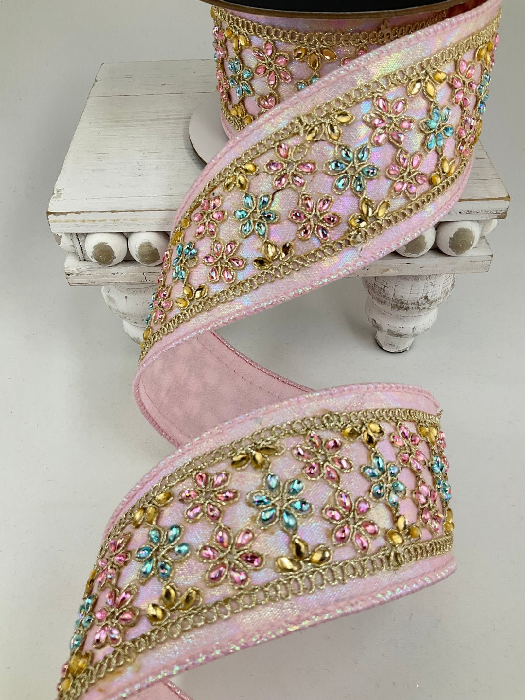 Pink Iridescent Daisies Light Farrisilk Wired Ribbon - 2.5" - Greenery MarketRK870-14