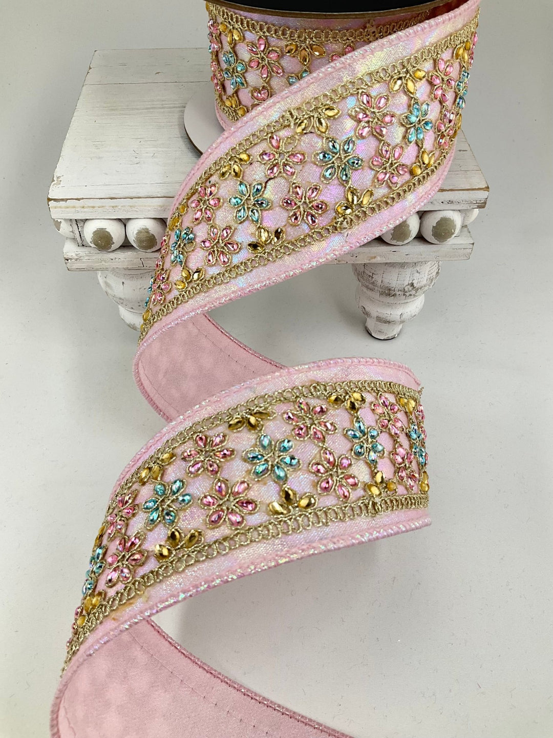 Pink Iridescent Daisies Light Farrisilk Wired Ribbon - 2.5" - Greenery MarketRK870-14