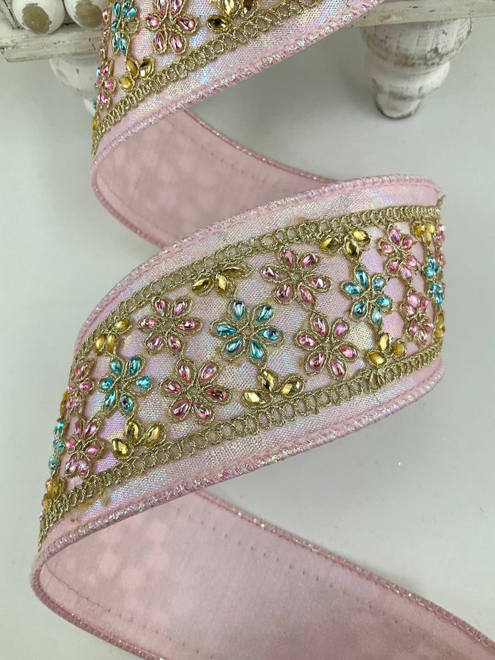 Pink Iridescent Daisies Light Farrisilk Wired Ribbon - 2.5" - Greenery MarketRK870-14