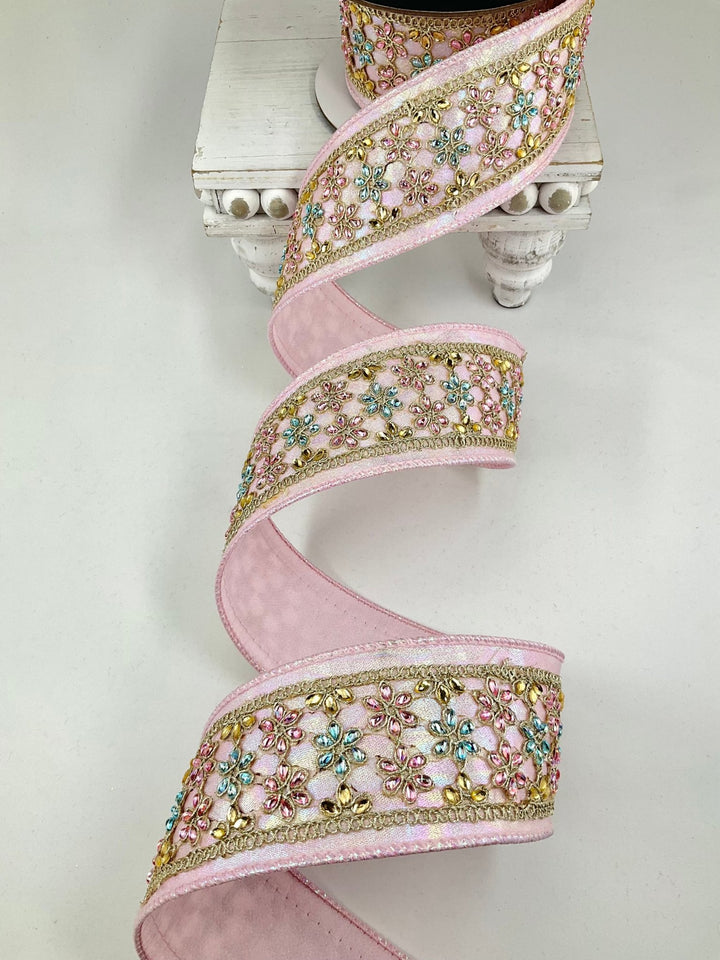 Pink Iridescent Daisies Light Farrisilk Wired Ribbon - 2.5" - Greenery MarketRK870-14