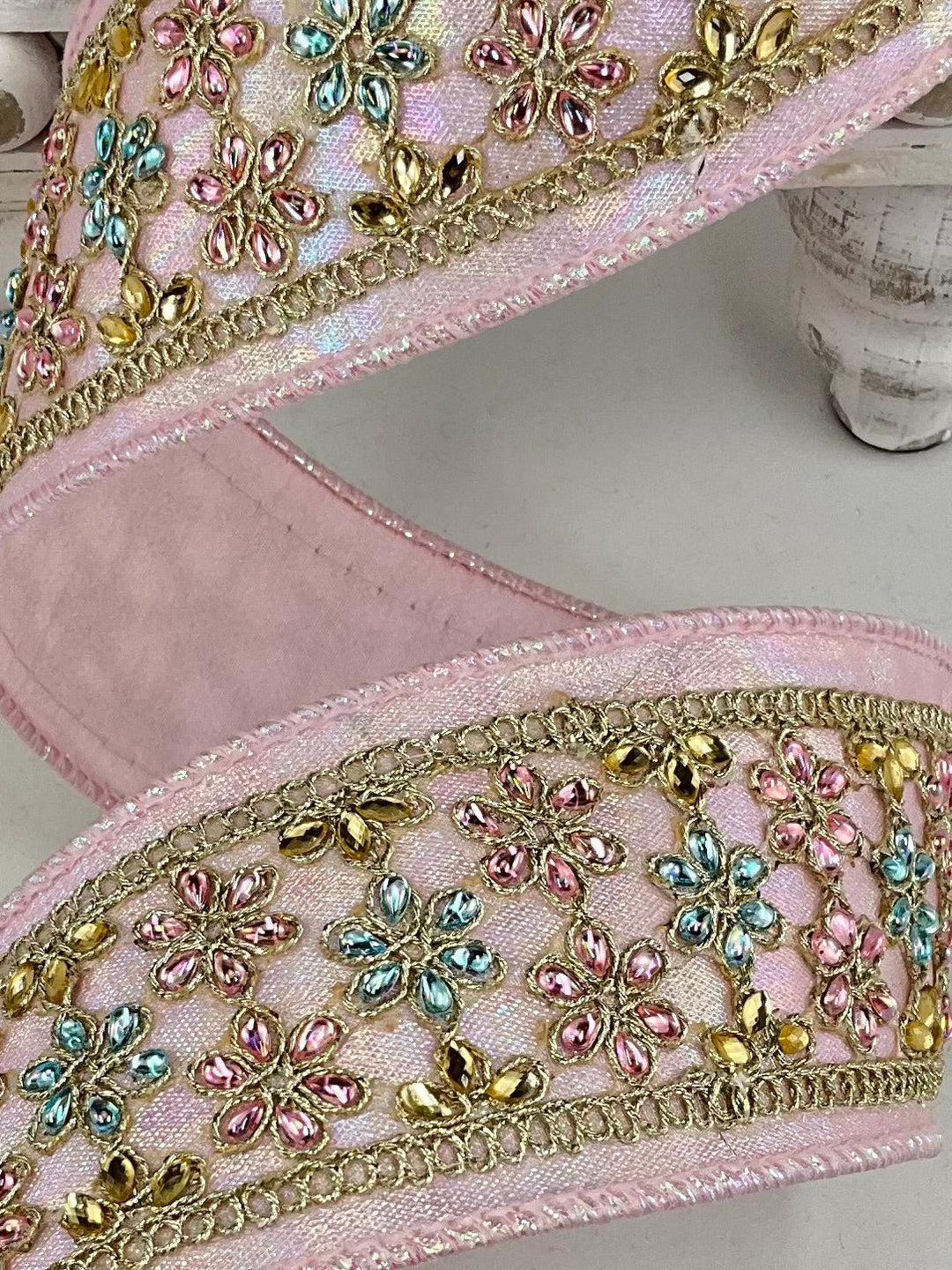 Pink Iridescent Daisies Light Farrisilk Wired Ribbon - 2.5" - Greenery MarketRK870-14