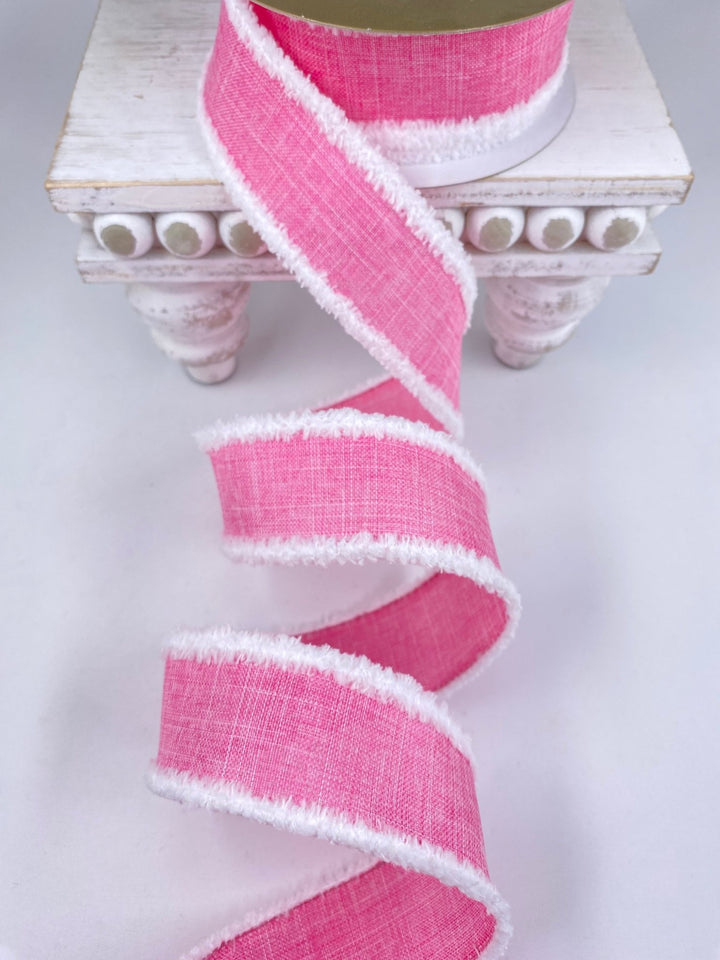 Pink linen with white fluffy edge 1.5” wired ribbon - Greenery MarketWired ribbon110642 PINK