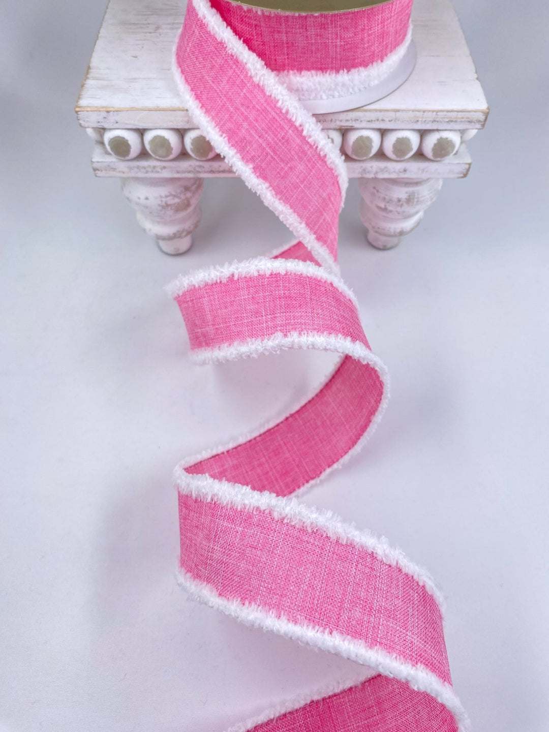 Pink linen with white fluffy edge 1.5” wired ribbon - Greenery MarketWired ribbon110642 PINK