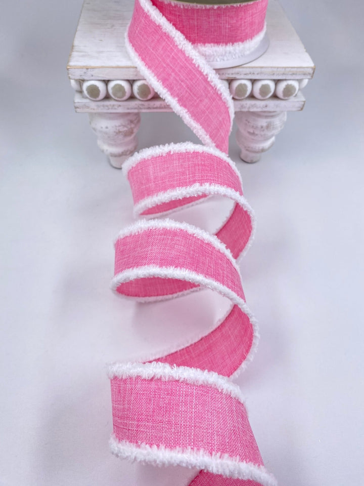 Pink linen with white fluffy edge 1.5” wired ribbon - Greenery MarketWired ribbon110642 PINK