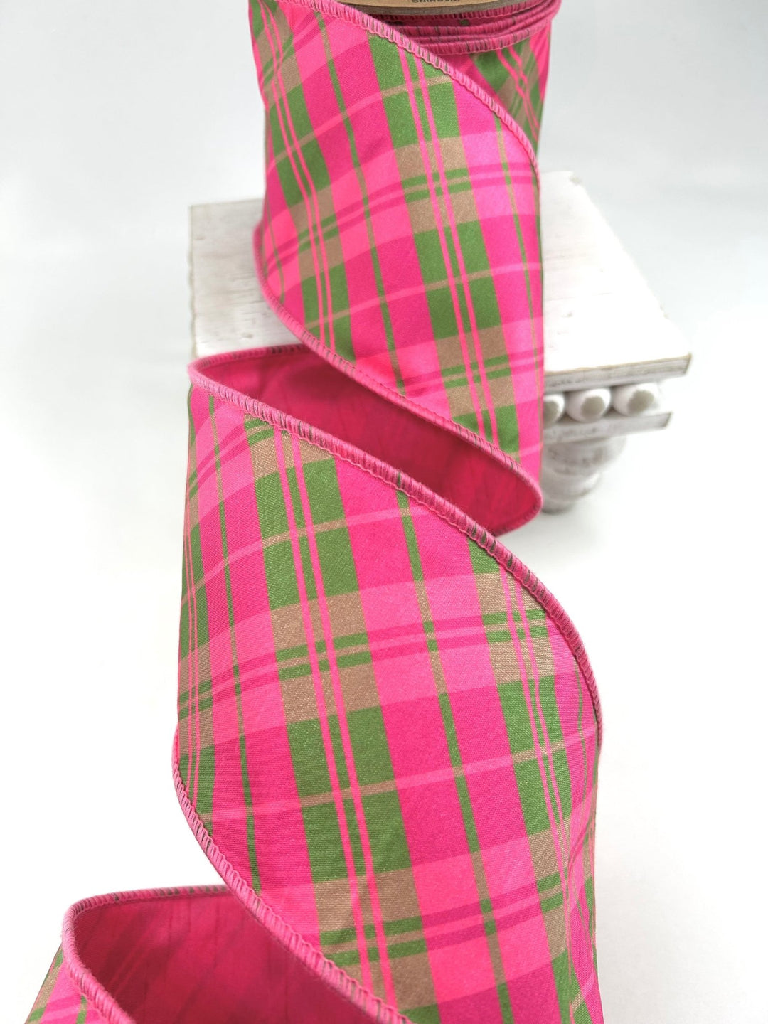 Pink & Multi Plaid Bias Wired Dupioni Ribbon - 4" - Greenery Market9003W-175-100E