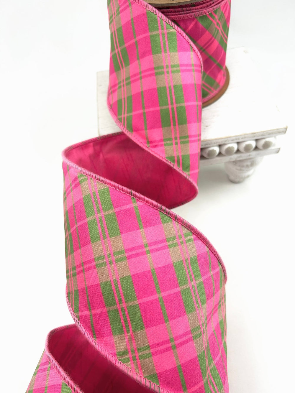 Pink & Multi Plaid Bias Wired Dupioni Ribbon - 4" - Greenery Market9003W-175-100E