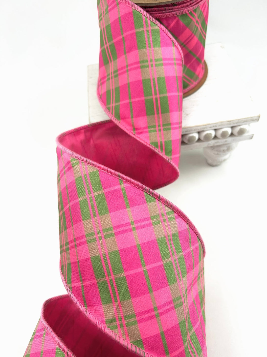 Pink & Multi Plaid Bias Wired Dupioni Ribbon - 4" - Greenery Market9003W-175-100E