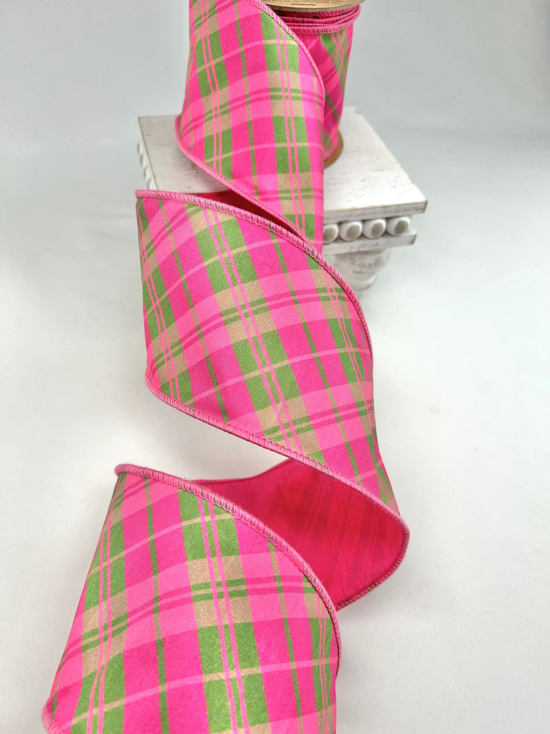Pink & Multi Plaid Bias Wired Dupioni Ribbon - 4" - Greenery Market9003W-175-100E