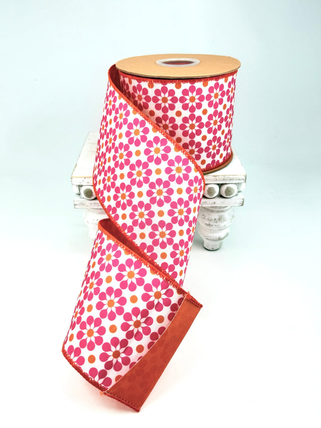 Pink & Orange Geometric Floral With Orange Backing Dupioni Wired Ribbon - 4" - Greenery MarketWired Ribbon9396W-005-100E