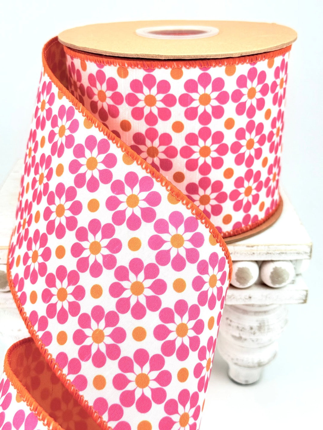 Pink & Orange Geometric Floral With Orange Backing Dupioni Wired Ribbon - 4" - Greenery MarketWired Ribbon9396W-005-100E