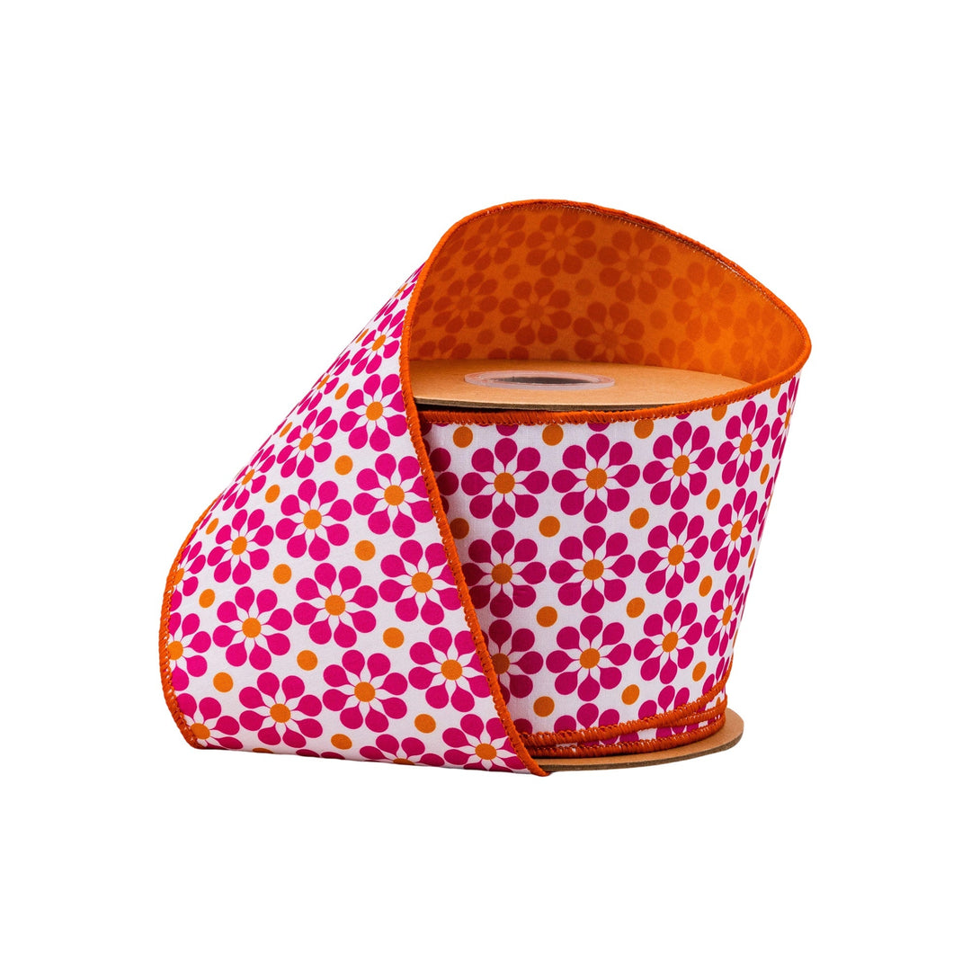 Pink & Orange Geometric Floral With Orange Backing Dupioni Wired Ribbon - 4" - Greenery MarketWired Ribbon9396W-005-100E