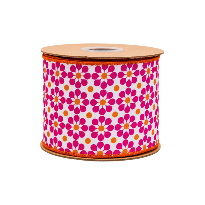 Pink & Orange Geometric Floral With Orange Backing Dupioni Wired Ribbon - 4" - Greenery MarketWired Ribbon9396W-005-100E