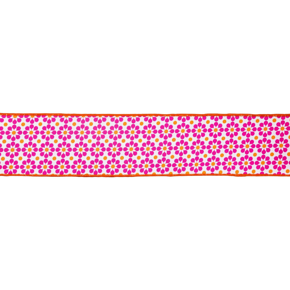 Pink & Orange Geometric Floral With Orange Backing Dupioni Wired Ribbon - 4" - Greenery MarketWired Ribbon9396W-005-100E