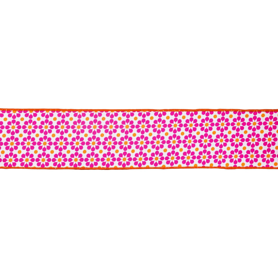 Pink & Orange Geometric Floral With Orange Backing Dupioni Wired Ribbon - 4" - Greenery MarketWired Ribbon9396W-005-100E